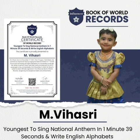 M. Vihasri — Youngest To Sing National Anthem In 1 Minute 39 Seconds & Write English Alphabets