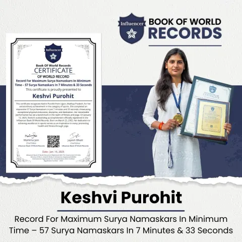 Keshvi Purohit — Record For Maximum Surya Namaskars In Minimum  Time – 57 Surya Namaskars In 7 Minutes & 33 Seconds