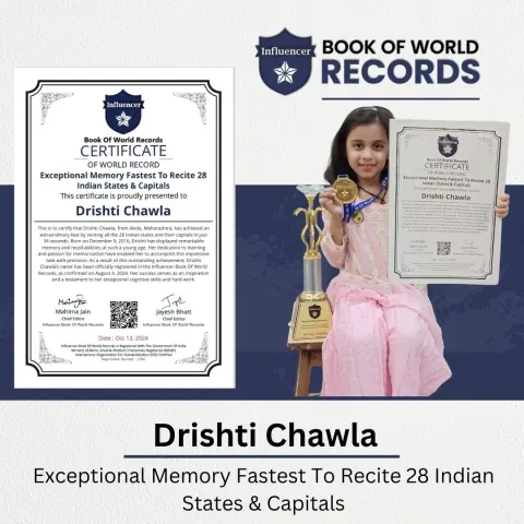 drishti chawla — Exceptional Memory Fastest To Recite 28 Indian States & Capitals