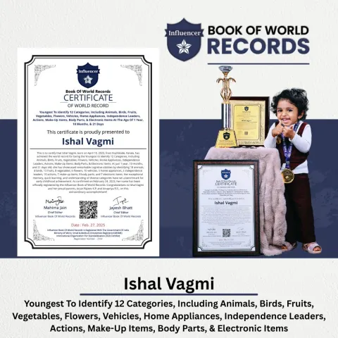 Ishal Vagmi — Youngest To Identify 12 Categories, Including Animals, Birds, Fruits, Vegetables, Flowers, Vehicles, Home Appliances, Independence Leaders, Actions, Make-Up Items, Body Parts, & Electronic Items