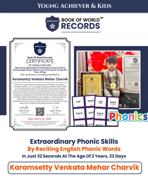 Karamsetty Venkata Mehar Charvik — Extraordinary Phonic Skills By Reciting English Phonic Words In Just 32 Seconds At The Age Of 2  Years, 23 Days