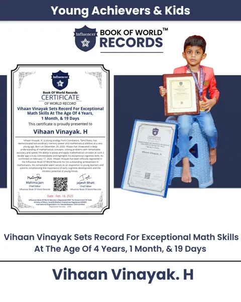 Vihaan Vinayak. H — Record For Exceptional  Math Skills At The Age Of 4 Years