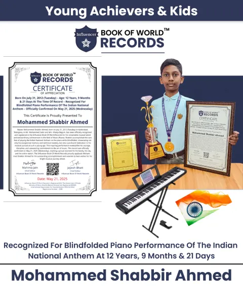 Mohammed Shabbir Ahmed — Born On July 31, 2012 (Tuesday) – Age: 12 Years, 9 Months & 21 Days At The Time Of Record – Recognized For Blindfolded Piano Performance Of The Indian National Anthem – Officially Confirmed On May 21, 2025 (Wednesday)