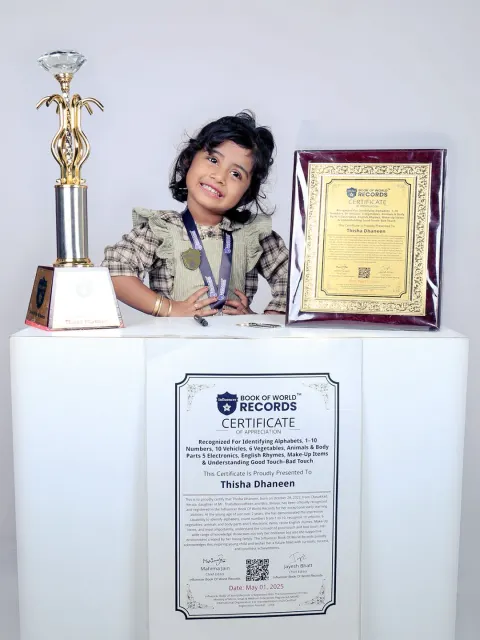 Thisha Dhaneen — Recognized For Identifying Alphabets, 1–10  Numbers, 10 Vehicles, 6 Vegetables, Animals & Body  Parts 5 Electronics, English Rhymes, Make-Up Items  & Understanding Good Touch–Bad Touch