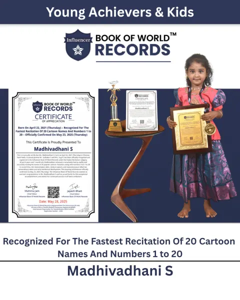 Madhivadhani S — Born On April 22, 2021 (Thursday) – Recognized For The Fastest Recitation Of 20 Cartoon Names And Numbers 1 to 20 – Officially Confirmed On May 23, 2025 (Thursday)