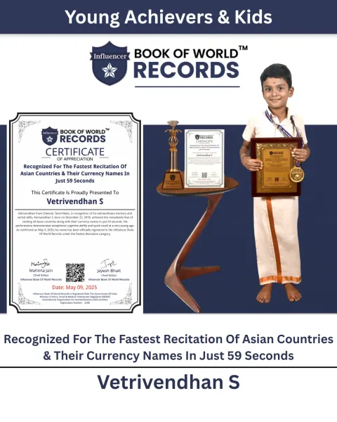 Vetrivendhan S — Recognized For The Fastest Recitation Of Asian Countries & Their Currency Names In  Just 59 Seconds