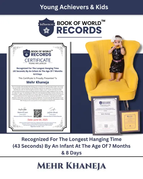 Mehr Khaneja — Recognized For The Longest Hanging Time (43 Seconds) By An Infant At The Age Of 7 Months & 8 Days