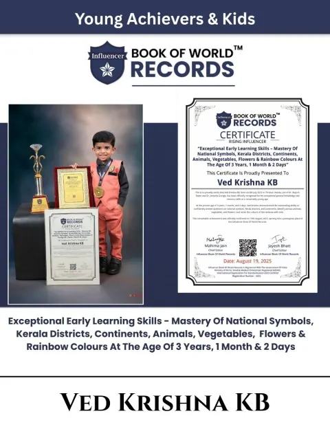 Ved Krishna KB — Exceptional Early Learning Skills – Mastery Of National Symbols, Kerala Districts, Continents, Animals, Vegetables, Flowers & Rainbow Colours At  The Age Of 3 Years, 1 Month & 2 Days