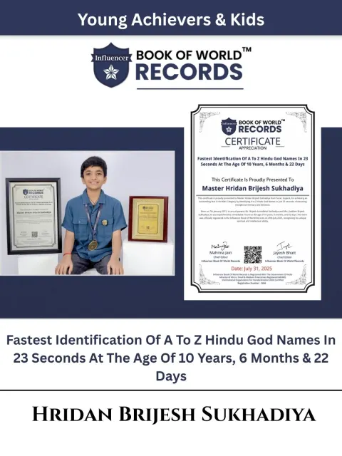 Hridan Brijesh Sukhadiya — Fastest Identification Of A To Z Hindu God Names In 23 Seconds At The Age Of 10 Years, 6 Months & 22 Days