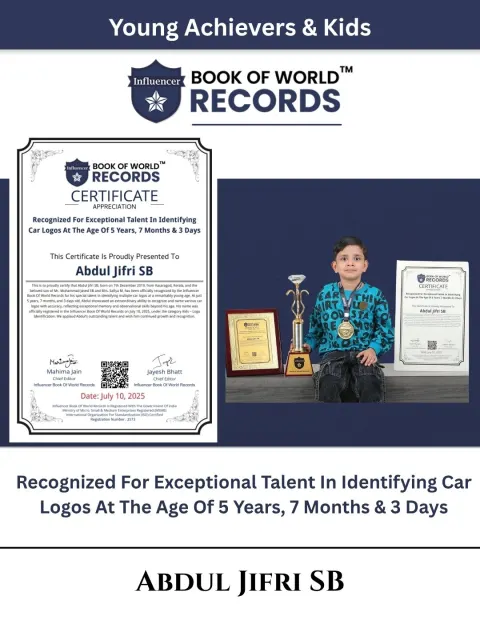 Abdul Jifri SB — Recognized For Exceptional Talent In Identifying Car Logos At The Age Of 5 Years, 7 Months & 3 Days