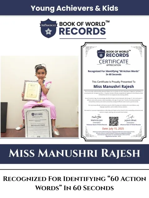 Miss Manushri Rajesh — Recognized For Identifying “60 Action Words”  In 60 Seconds