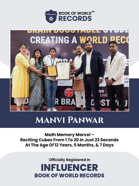 Manvi Panwar — Math Memory Marvel – Reciting Cubes From 1 To  20 In Just 23 Seconds At The Age Of 12 Years, 5  Months, & 7 Days