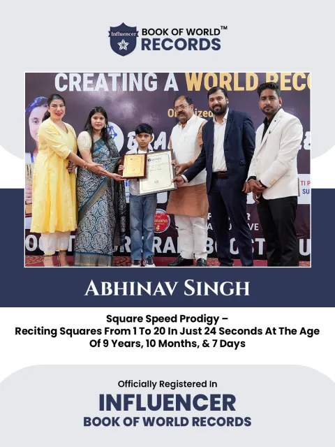 Abhinav Singh — Square Speed Prodigy – Reciting Squares From 1  to 20 In Just 24 Seconds At The Age Of 9 Years, 10  Months, & 7 Days