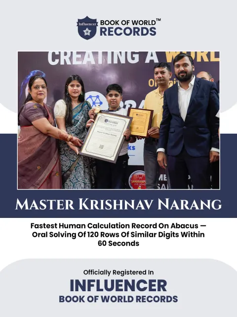 Master Krishnav Narang — Fastest Human Calculation Record On Abacus —  Oral Solving Of 120 Rows Of Similar Digits Within  60 Seconds