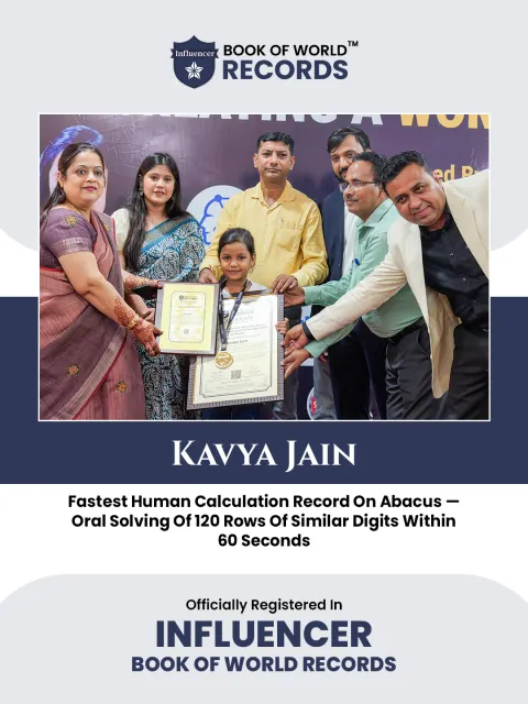 Kavya Jain — Fastest Human Calculation Record On Abacus —  Oral Solving Of 120 Rows Of Similar Digits Within  60 Seconds