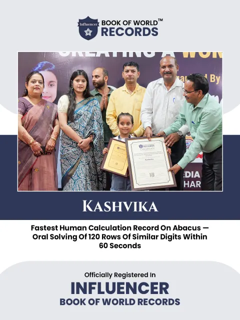 Kashvika — Fastest Human Calculation Record On Abacus —  Oral Solving Of 120 Rows Of Similar Digits Within  60 Seconds