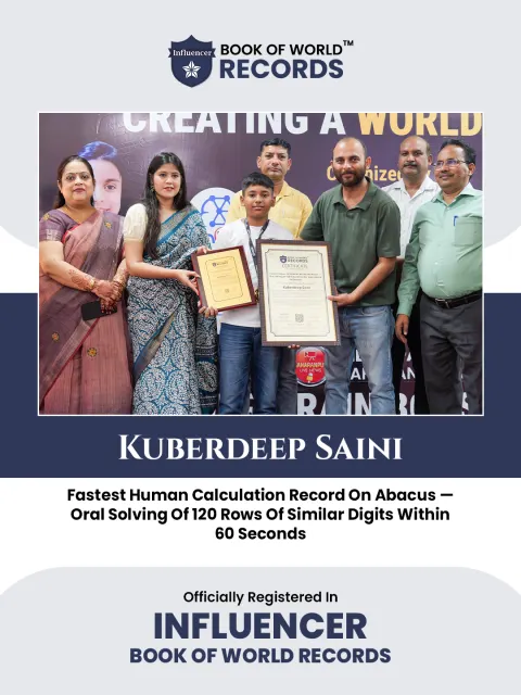 Kuberdeep Saini — Fastest Human Calculation Record On Abacus —  Oral Solving Of 120 Rows Of Similar Digits Within  60 Seconds