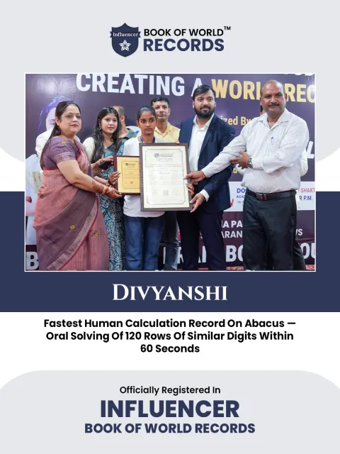 Divyanshi — Fastest Human Calculation Record On Abacus —  Oral Solving Of 120 Rows Of Similar Digits Within  60 Seconds