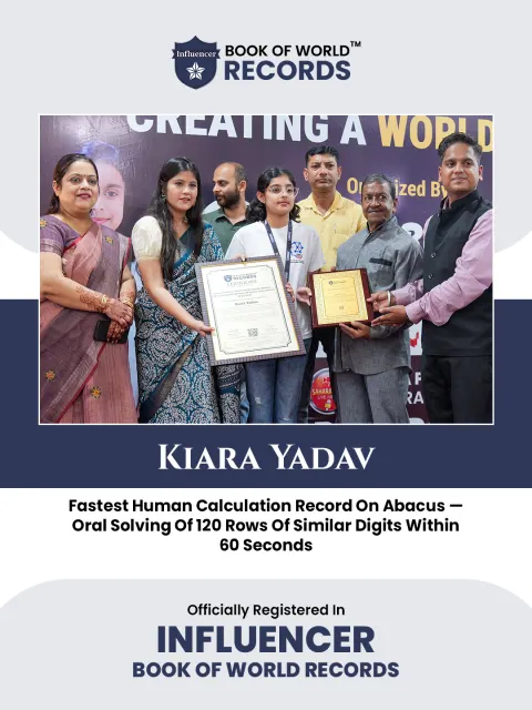 Kiara Yadav — Fastest Human Calculation Record On Abacus —  Oral Solving Of 120 Rows Of Similar Digits Within  60 Seconds-