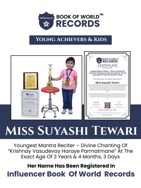 Miss Suyashi Tewari — Youngest Mantra Reciter – Divine Chanting Of “Krishnay Vasudevay Haraye Parmatmane” At The Exact Age Of 3 Years & 4 Months, 3 Days