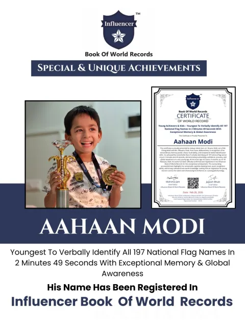 Aahaan Modi — Young Achievers & Kids – Youngest To Verbally Identify All 197  National Flag Names In 2 Minutes 49 Seconds With  Exceptional Memory & Global Awareness