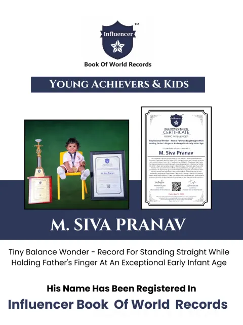 M. Siva Pranav — Tiny Balance Wonder – Record For Standing Straight While Holding Father’s Finger At An Exceptional Early Infant Age