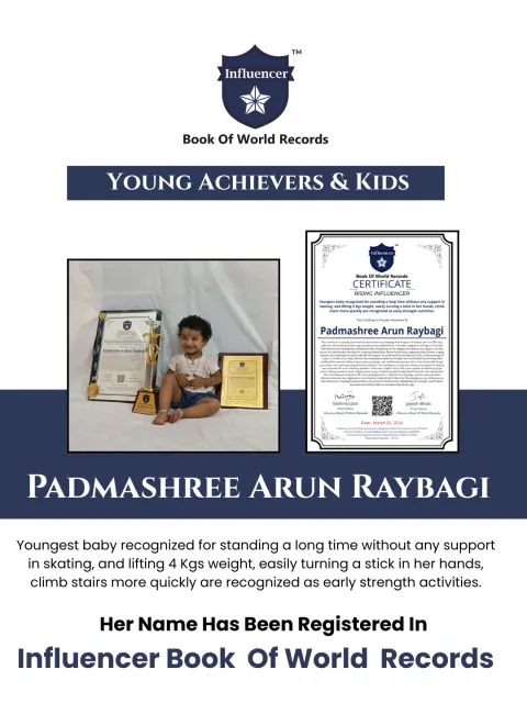 Padmashree Arun Raybagi — Youngest baby recognized for standing a long time without any support in skating, and lifting 4 Kgs weight, easily turning a stick in her hands, climb  stairs more quickly are recognized as early strength activities.
