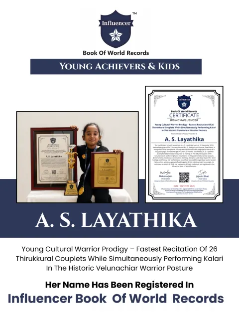 A. S. Layathika — Young Cultural Warrior Prodigy – Fastest Recitation Of 26 Thirukkural Couplets While Simultaneously Performing Kalari In The Historic Velunachiar Warrior Posture