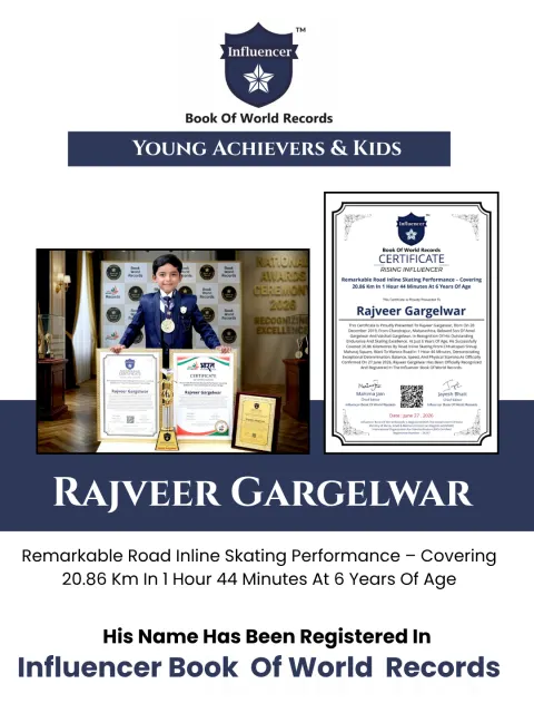 Rajveer Gargelwar — Remarkable Road Inline Skating Performance – Covering  20.86 Km In 1 Hour 44 Minutes At 6 Years Of Age
