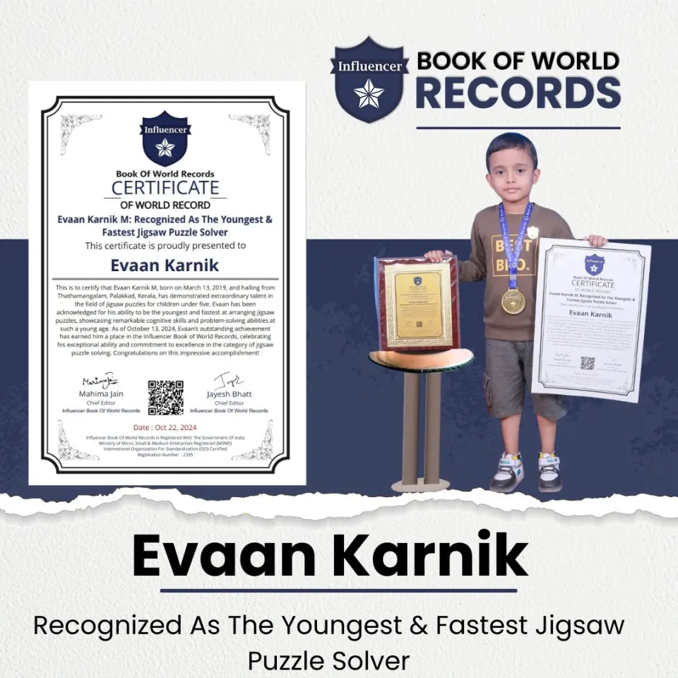 Evaan Karnik — Recognized As The Youngest &   Fastest Jigsaw Puzzle Solver