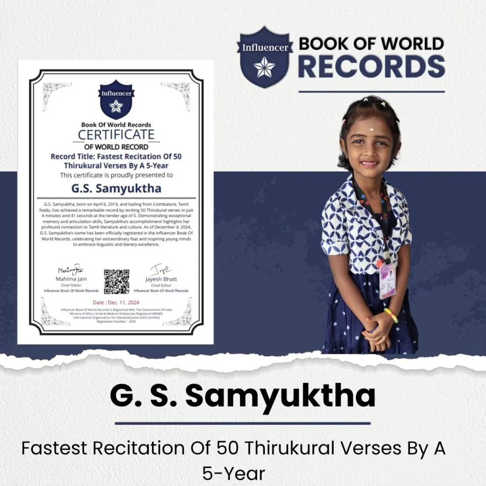 G.S. Samyuktha — Fastest Recitation Of 50 Thirukural Verses By A 5-Year
