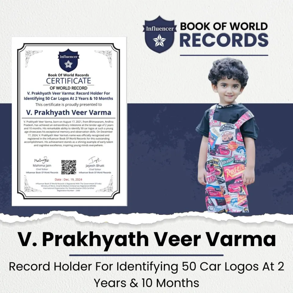 V. Prakhyath Veer Varma — Record Holder For  Identifying 50 Car Logos At 2 Years & 10 Months