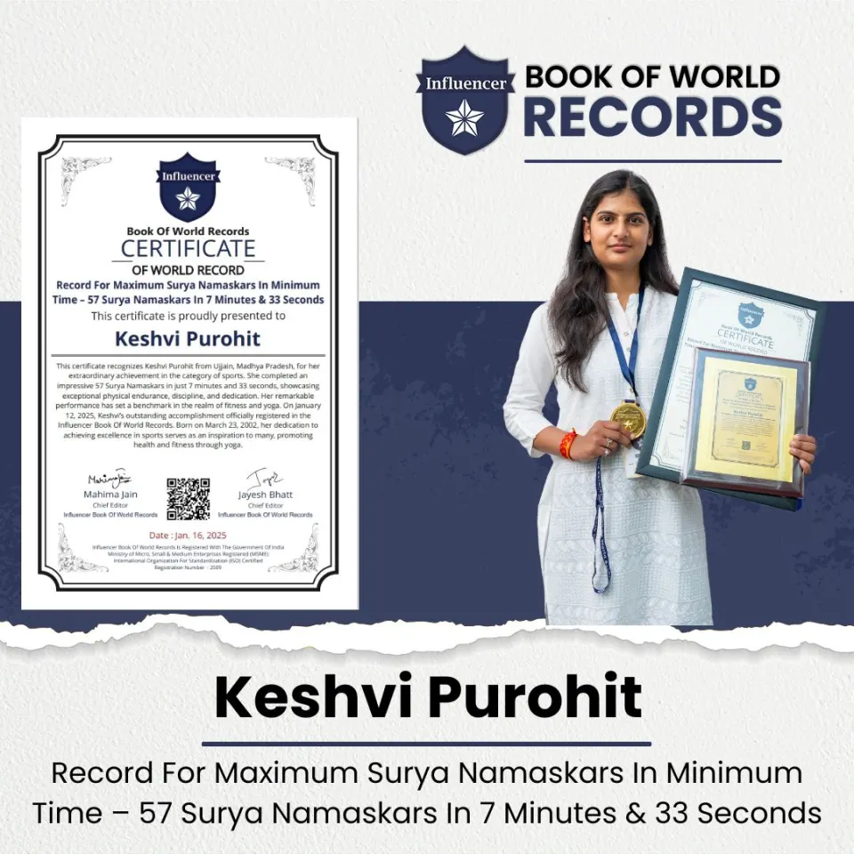 Keshvi Purohit — Record For Maximum Surya Namaskars In Minimum  Time – 57 Surya Namaskars In 7 Minutes & 33 Seconds