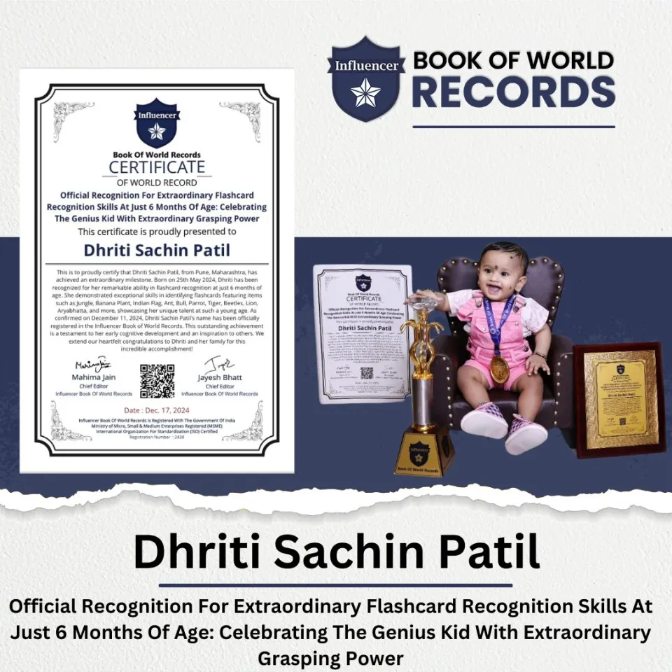 Dhriti Sachin Patil — Official Recognition For Extraordinary Flashcard   Recognition Skills At Just 6 Months Of Age: Celebrating  The Genius Kid With Extraordinary Grasping Power