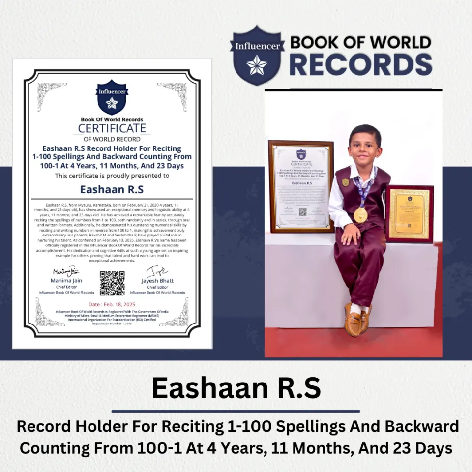 Eashaan R.S — Record Holder For Reciting  1-100 Spellings And Backward Counting From   100-1 At 4 Years, 11 Months, And 23 Days