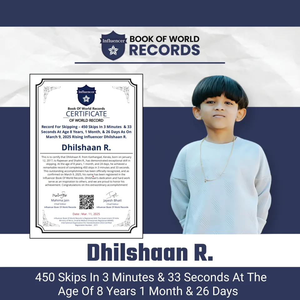 Dhilshaan R. — Record For Skipping – 450 Skips In 3 Minutes & 33 Seconds
