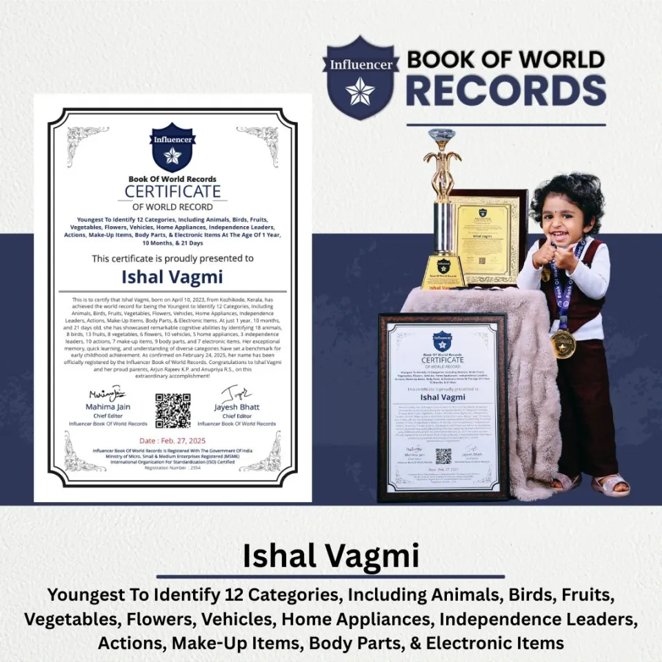 Ishal Vagmi — Youngest To Identify 12 Categories, Including Animals, Birds, Fruits, Vegetables, Flowers, Vehicles, Home Appliances, Independence Leaders, Actions, Make-Up Items, Body Parts, & Electronic Items