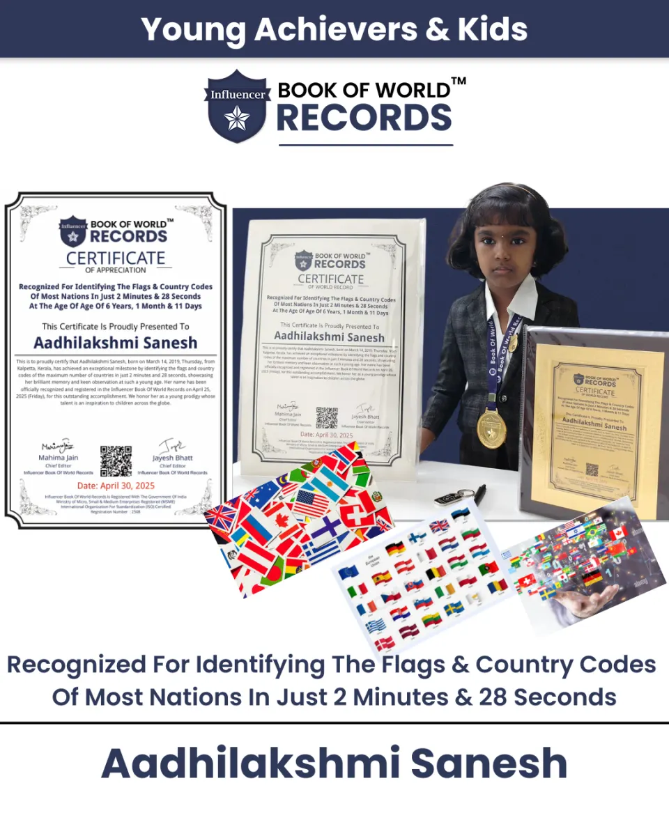 Aadhilakshmi Sanesh — Recognized For Identifying The Flags & Country Codes  Of Most Nations In Just 2 Minutes & 28 Seconds  At The Age Of Age Of 6 Years, 1 Month & 11 Days