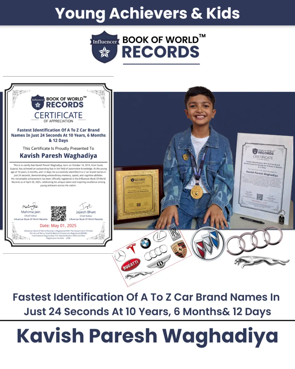 Kavish Paresh Waghadiya — Fastest Identification Of A To Z Car Brand Names In Just 24 Seconds At 10 Years, 6 Months  & 12 Days