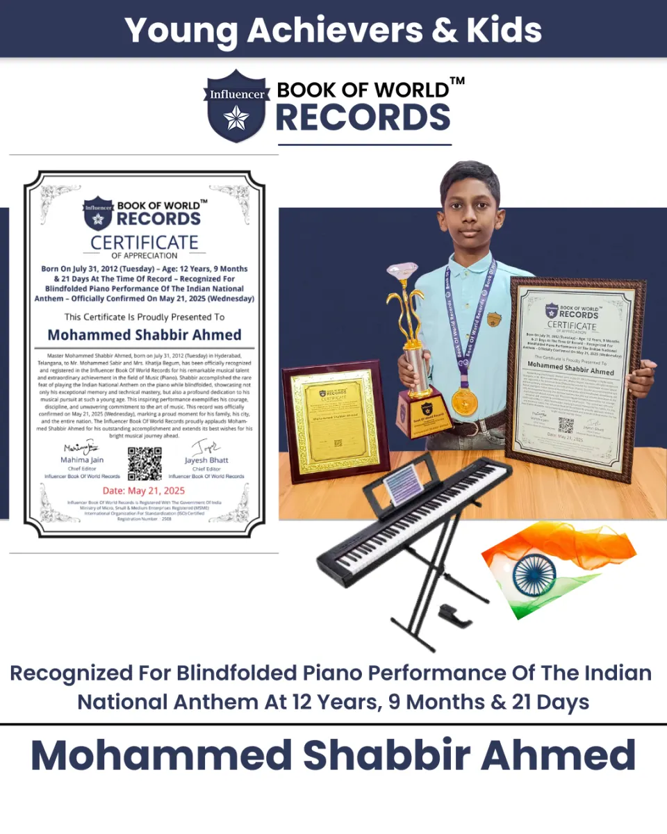 Mohammed Shabbir Ahmed — Born On July 31, 2012 (Tuesday) – Age: 12 Years, 9 Months & 21 Days At The Time Of Record – Recognized For Blindfolded Piano Performance Of The Indian National Anthem – Officially Confirmed On May 21, 2025 (Wednesday)