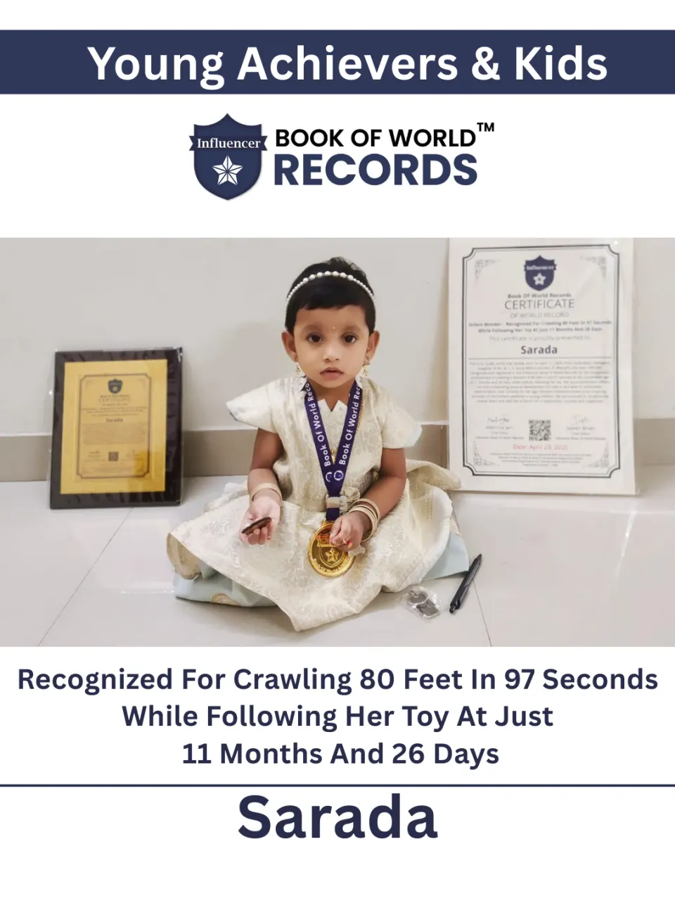 Sarada — Infant Wonder – Recognized For Crawling 80 Feet In 97 Seconds  While Following Her Toy At Just 11 Months And 26 Days