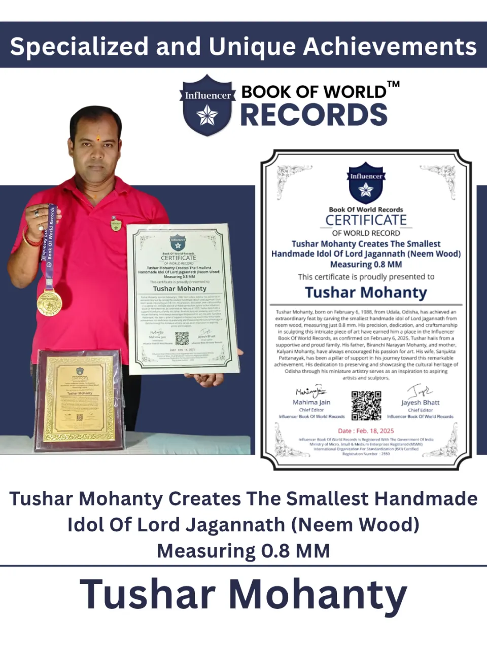 Tushar Mohanty — Tushar Mohanty Creates The Smallest Handmade Idol Of Lord Jagannath (Neem Wood) Measuring 0.8 MM