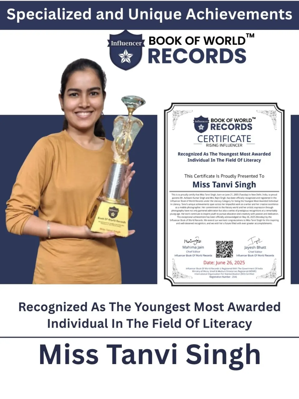 Miss Tanvi Singh — Recognized As The Youngest Most Awarded  Individual In The Field Of Literacy