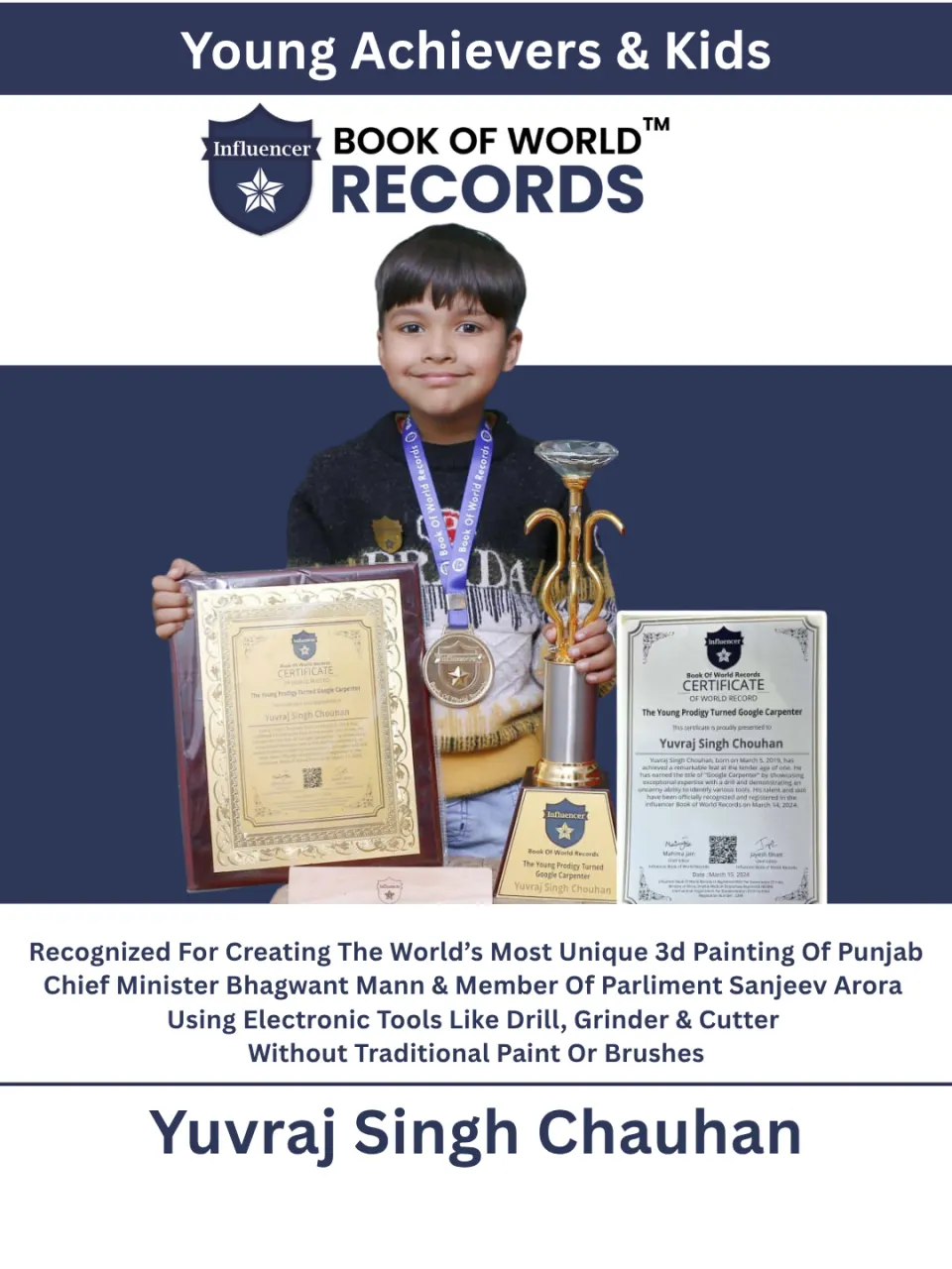 Yuvraj Singh Chauhan — Recognized For Creating The World’s Most Unique 3d Painting Of Punjab Chief Minister Bhagwant Mann & Member Of Parliment Sanjeev Arora Using Electronic Tools Like Drill, Grinder & Cutter Without Traditional  Paint Or Brushes