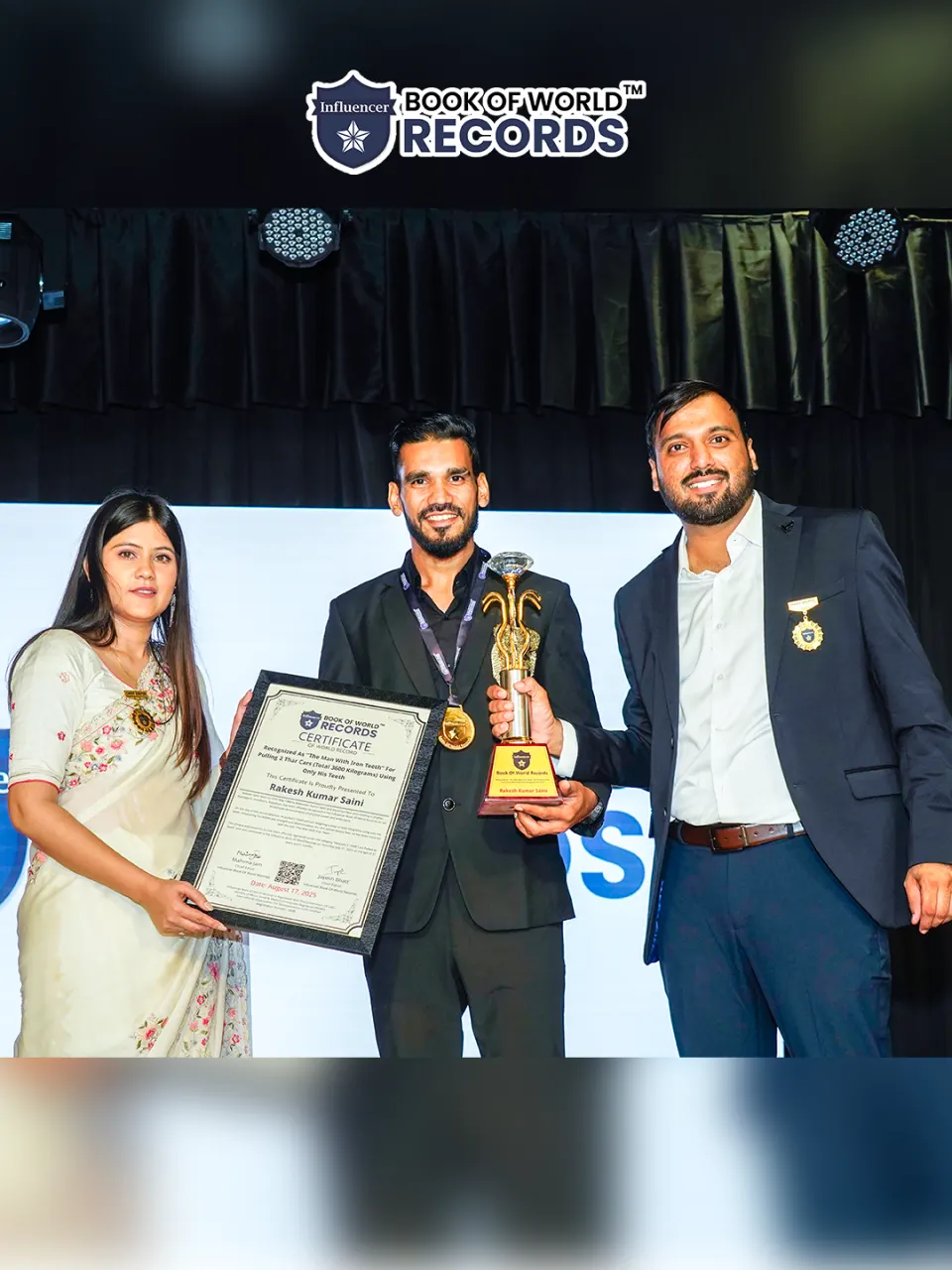 Rakesh Kumar Saini — Age: 36 Years, 11 Months & 15 Days At The Time of Record Confirmation – Recognized As “The Man With Iron Teeth Of India” For Pulling 3 Thar Cars (Total 5400 Kilogram)  Using Only His Teeth