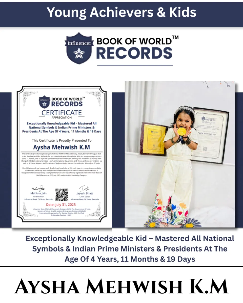 Aysha Mehwish K.M — Mastered All National Symbols & Indian Prime Ministers & Presidents At The Age Of 4 Years, 11 Months & 19 Days