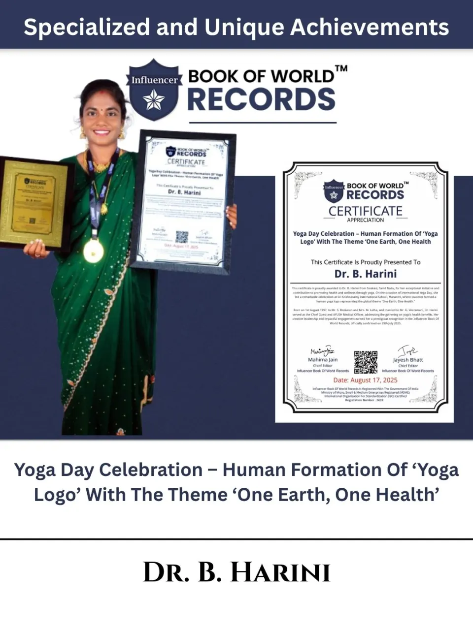 Dr. B. Harini — Yoga Day Celebration – Human Formation Of ‘Yoga Logo’ With The Theme ‘One Earth, One Health