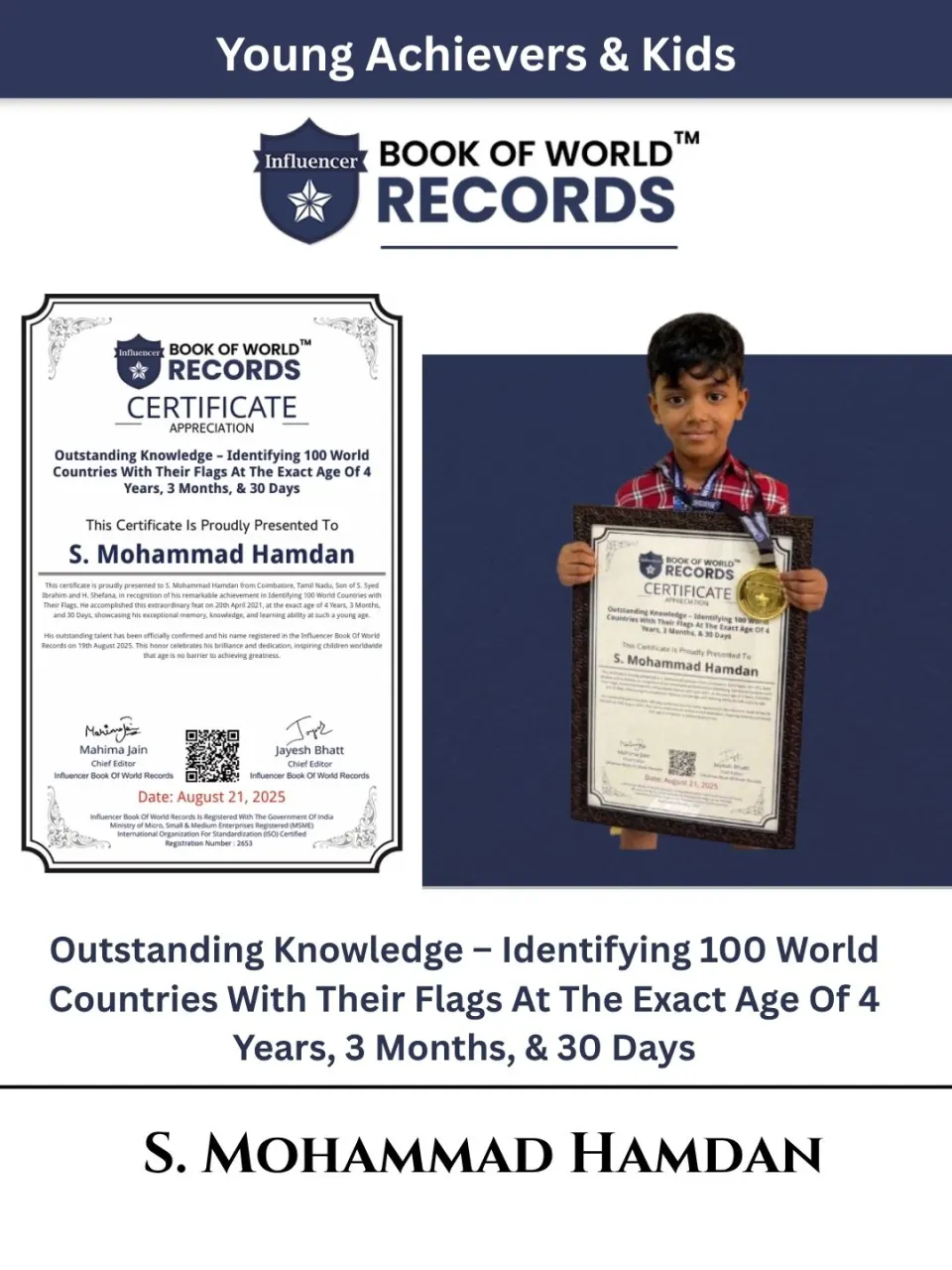 S. Mohammad Hamdan — Outstanding Knowledge – Identifying 100 World Countries With Their Flags At The Exact Age Of 4  Years, 3 Months, & 30 Days
