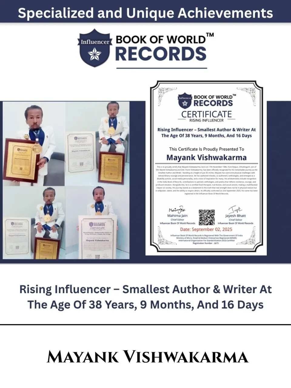 Mayank Vishwakarma — Rising Influencer – Smallest Author & Writer At The Age Of 38 Years, 9 Months, And 16 Days