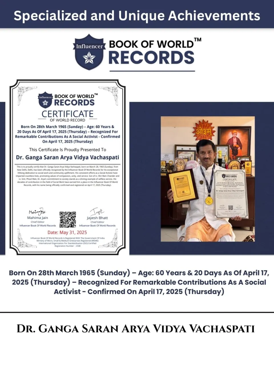 Dr. Ganga Saran Arya Vidya Vachaspati — Recognized For Remarkable Contributions As A Social Activist - Confirmed  On April 17, 2025 (Thursday)